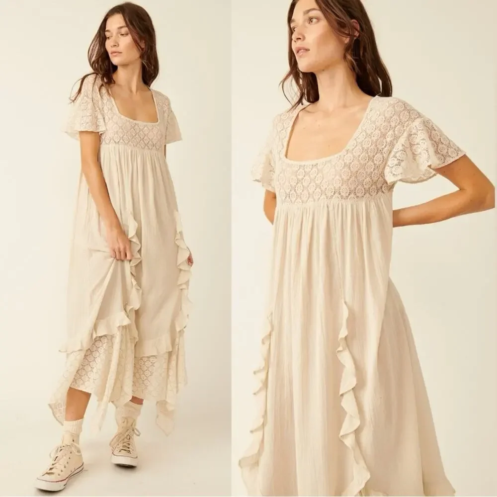 Free People Ethereal Bohemian Bring The Romance Midi Maxi Dress Ivory Small - Picture 8 of 14